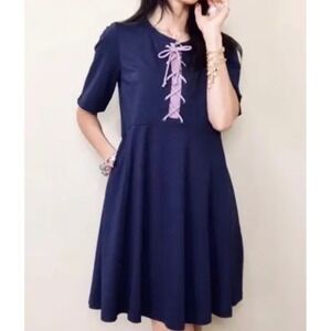 Anthropologie Maeve Navy Renaiisance‎ Lace Up Fit & Flare Tee Shirt Dress XS